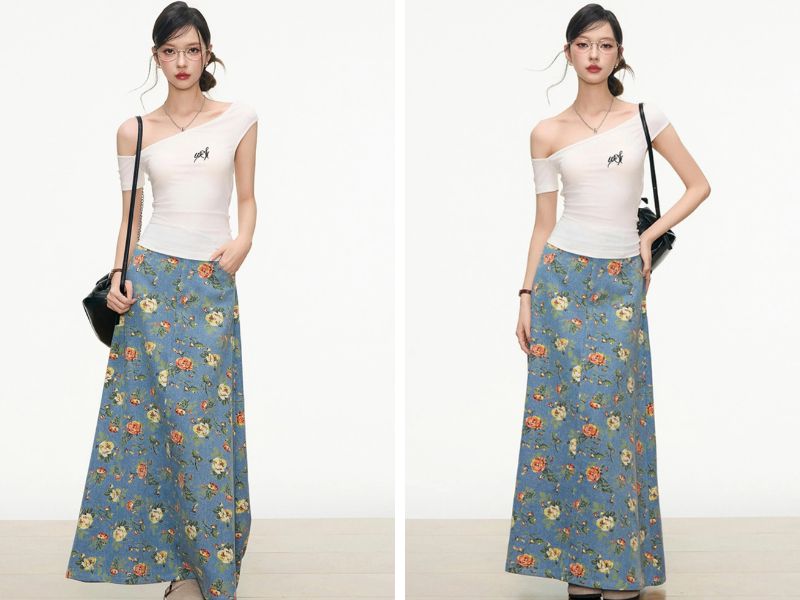 Cách phối chân váy dài với áo lệch vai