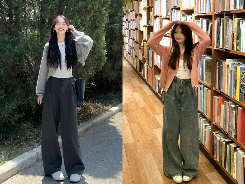 Áo croptop phối quần ống rộng và khoác ngoài