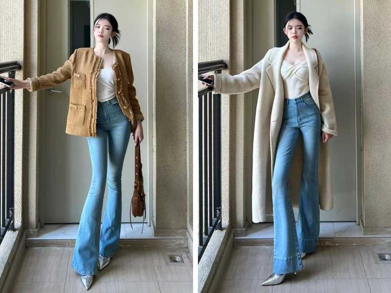 Cách phối quần jean loe nữ với giày cao gót