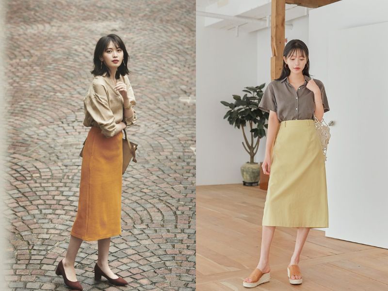diện chân váy vàng với áo tone màu đất