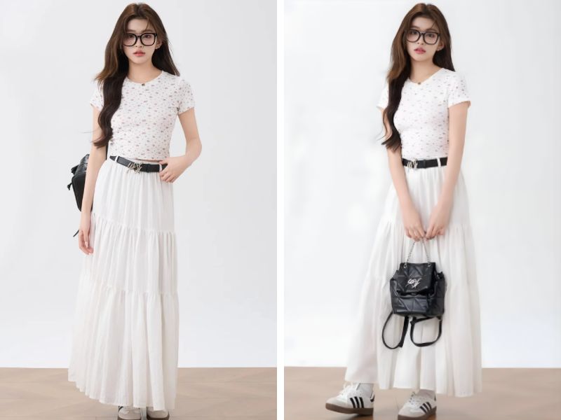 Cách phối chân váy dài với áo thun