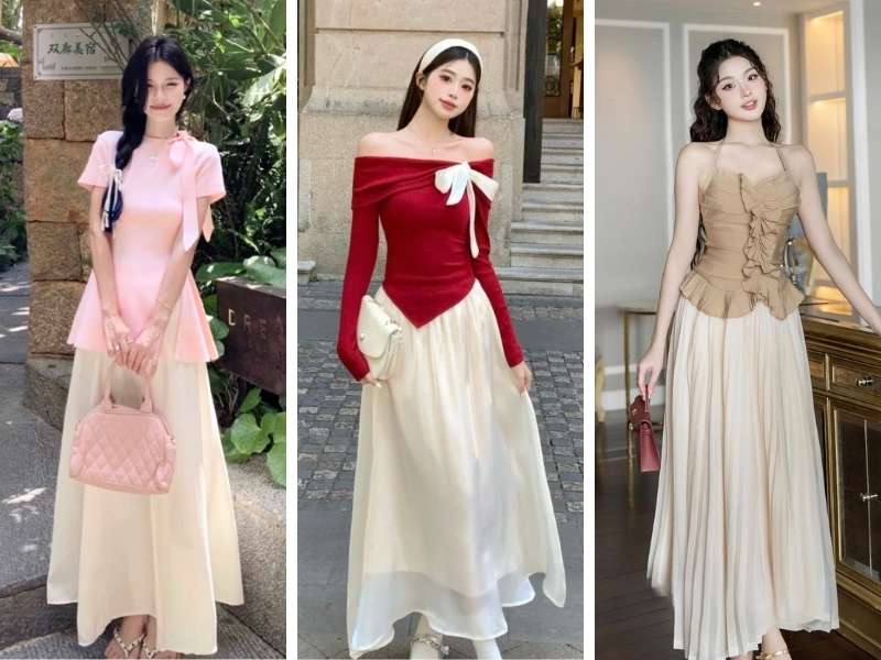 cách mix đồ đi chơi Tết với chân váy dài