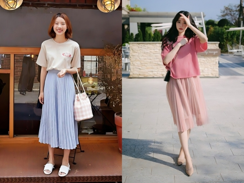 Phối áo thun với chân váy xếp ly