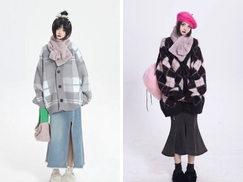 Cách phối chân váy bò dài với áo cardigan