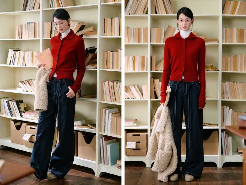 Phối cardigan đỏ với quần jean xanh navy