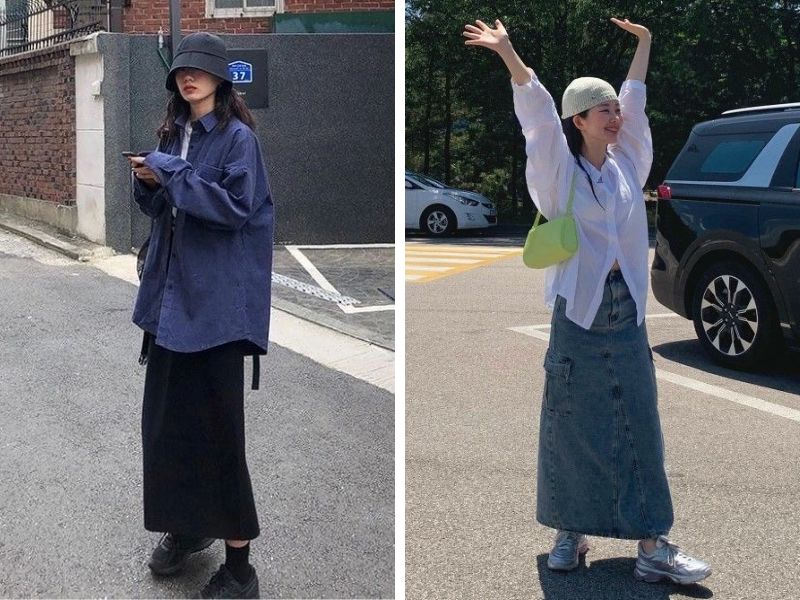 áo sơ mi oversize với chân váy kaki và denim