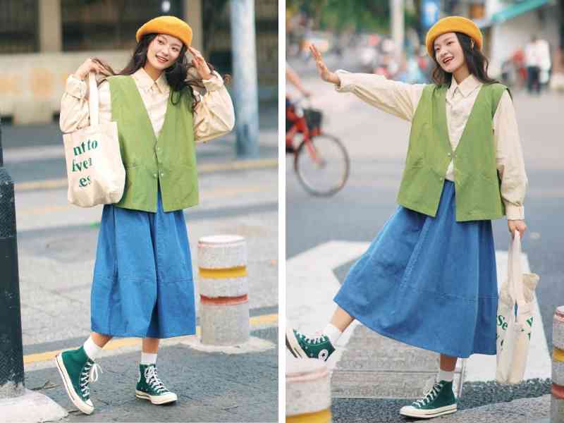 Phối chân váy xanh với áo sơ mi trắng