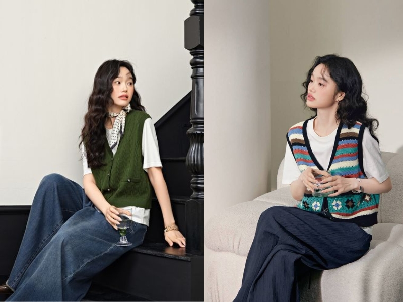 áo gile họa tiết và quần jean ống rộng
