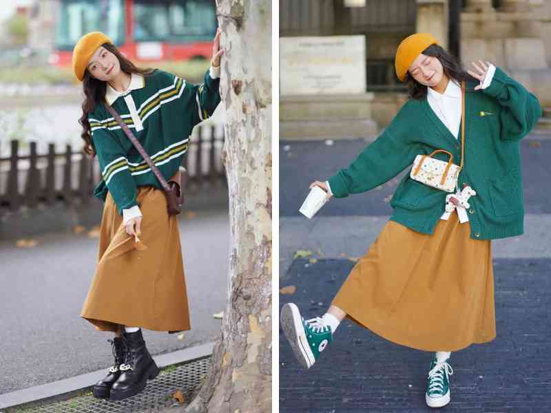 Phối đồ màu xanh lá và vàng cho nữ
