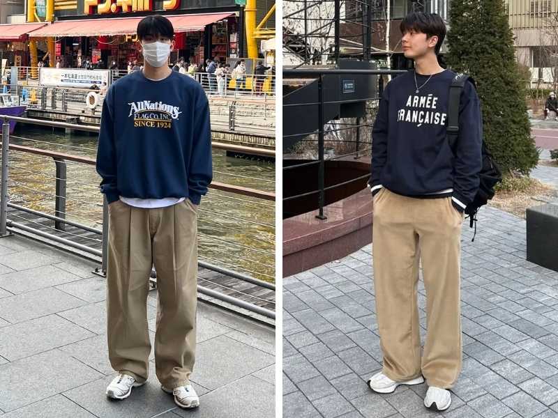 Phối quần tây màu be với sweater màu xanh than