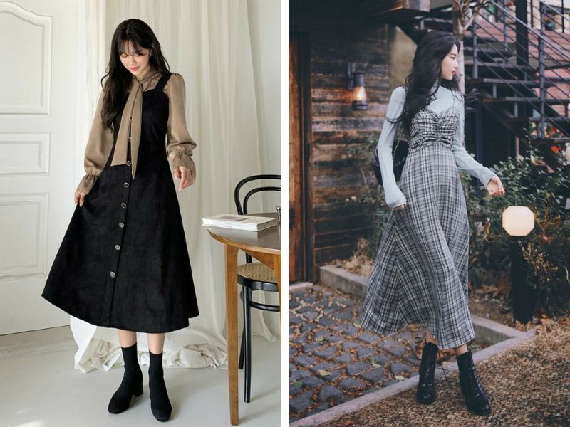 váy midi dáng dài chữ A với boot cổ thấp