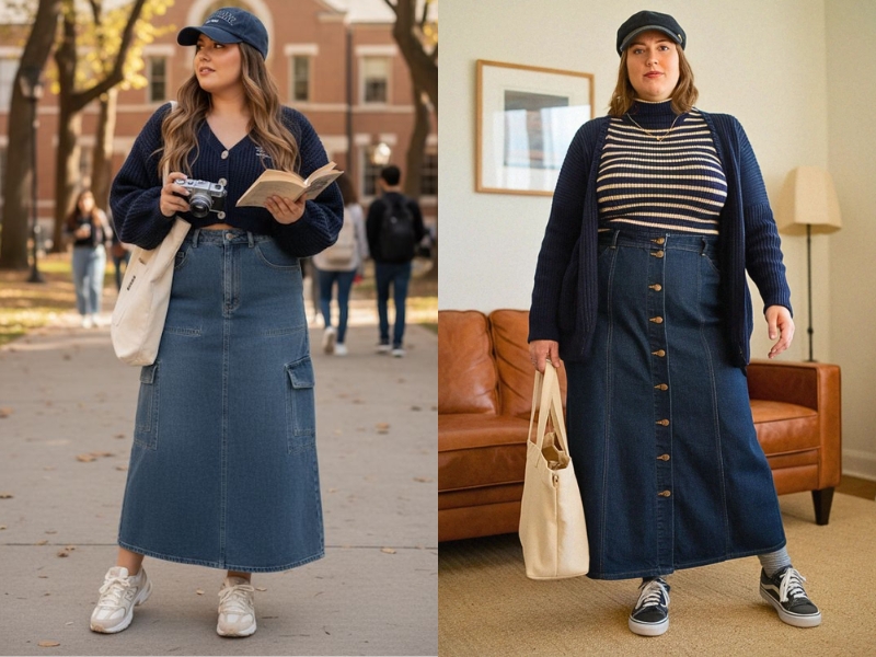 Chân váy jeans áo đen dài tay