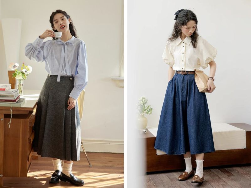 áo sơ mi tay bồng cổ nơ với chân váy dài