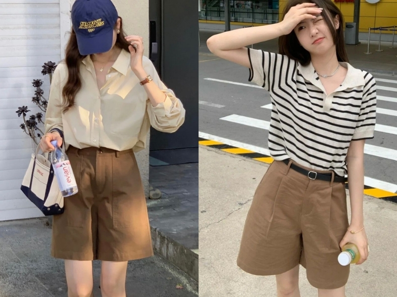 Áo màu kem phối với quần short kaki gọn gàng