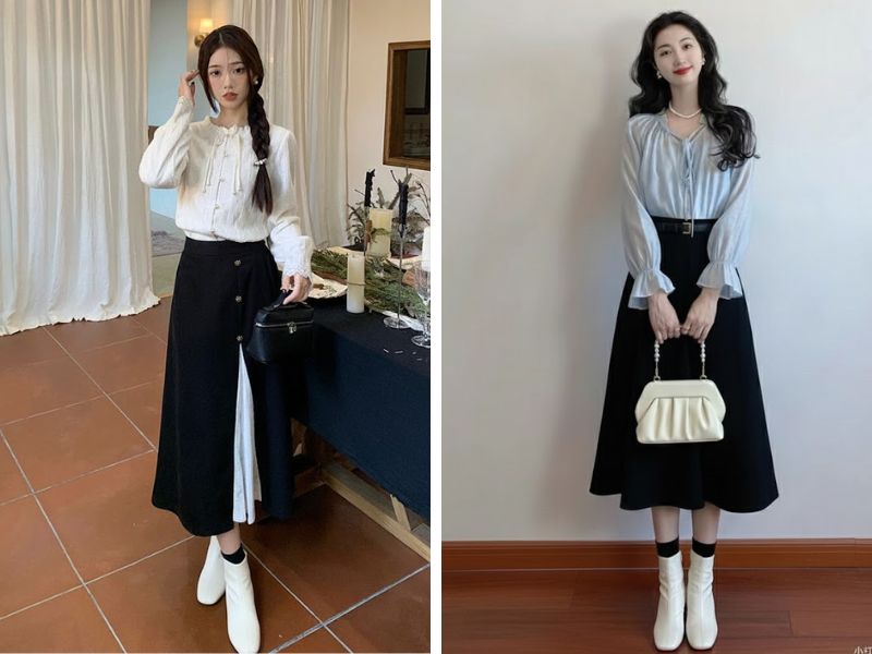 áo blouse với chân váy midi và boot trắng