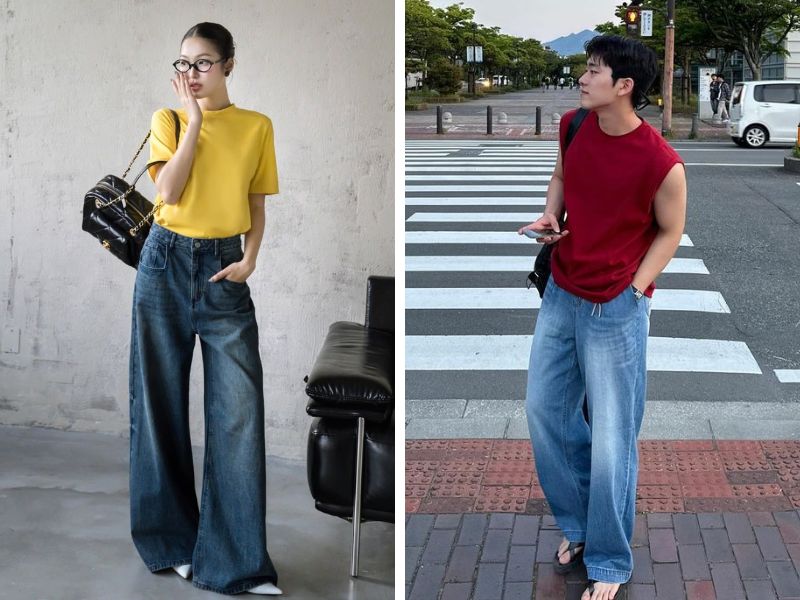 quần xanh dương và áo màu càng mù tạt hoặc đỏ đô