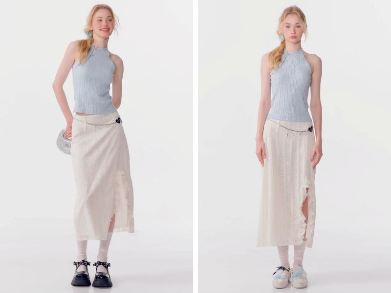 Cách mix chân váy suông dài với áo ba lỗ