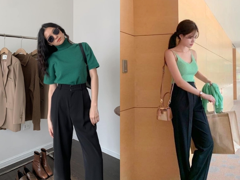 Áo xanh rêu phối quần đen ống suông