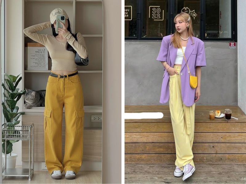 áo croptop hoặc áo ôm mặc cùng quần vàng và blazer
