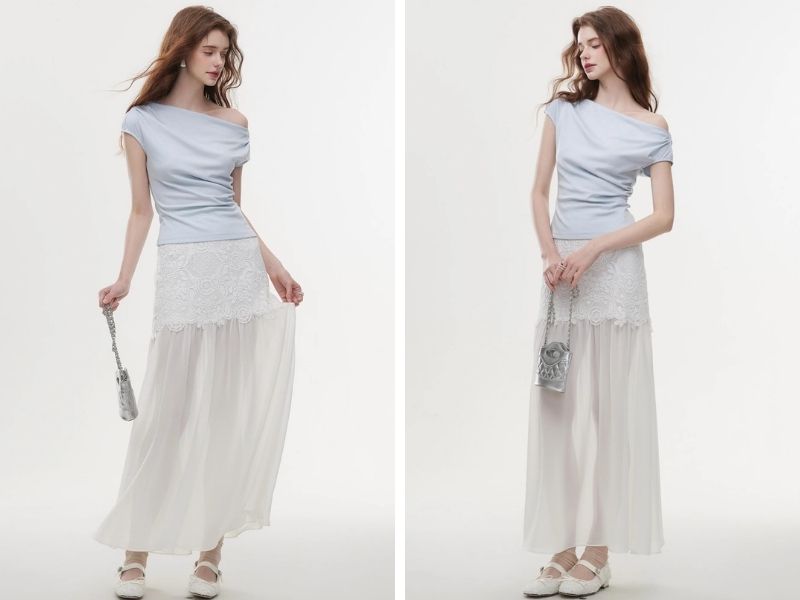 Cách mix chân váy suông dài với áo lệch vai