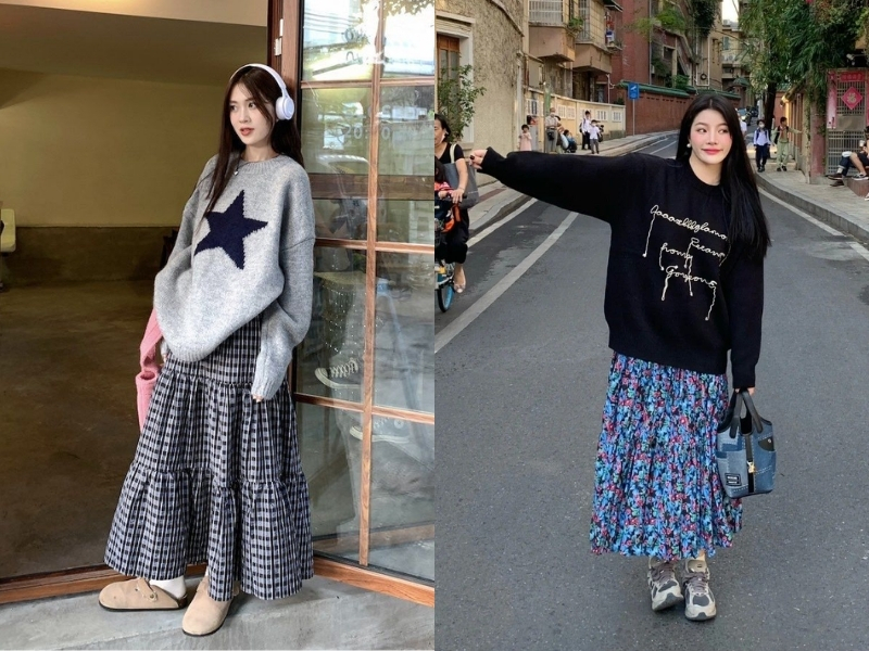 Phối với áo len hoặc sweater ấm áp