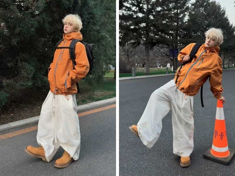 Quần baggy kem phối cùng áo khoác cam đất