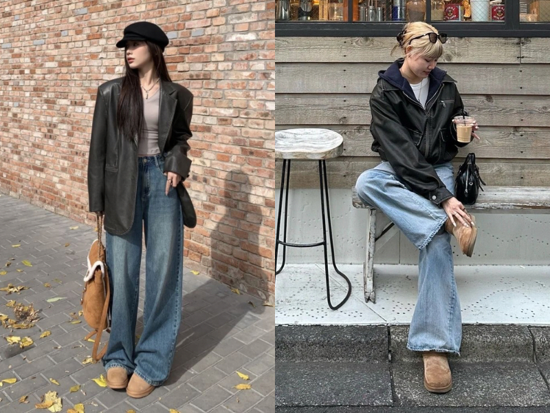 Quần jean ống rộng phối cùng slip–on hoặc giày lười.