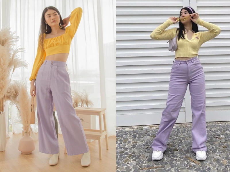 quần tím kết hợp áo vàng trendy