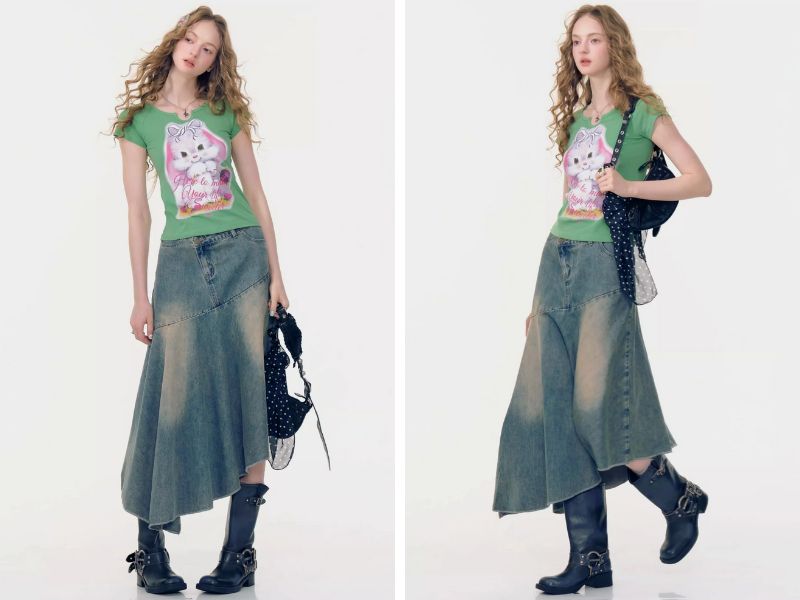 Cách mix chân váy dài với áo baby tee