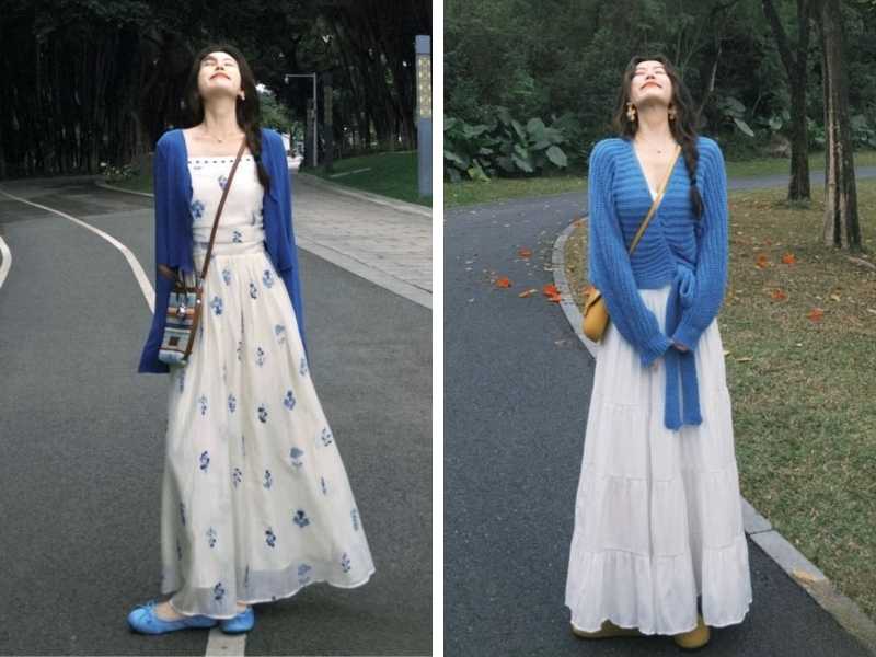 Váy trắng phối với áo xanh dương