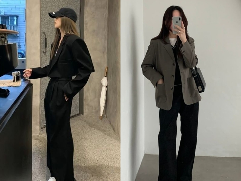 Áo blazer dáng lửng phối cùng quần cạp cao 