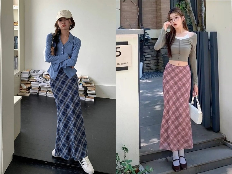 Chân váy caro dài phối áo cardigan trẻ trung