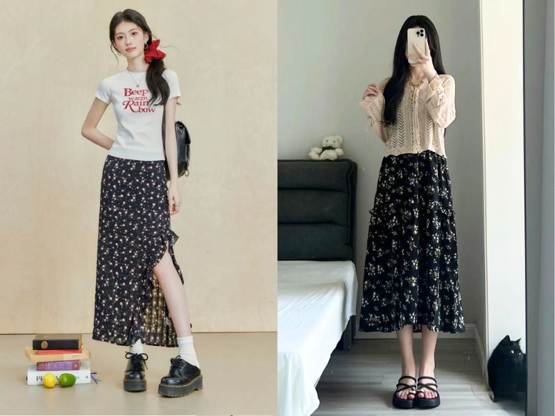 Chân váy hoa nhí phối croptop hiện đại. 