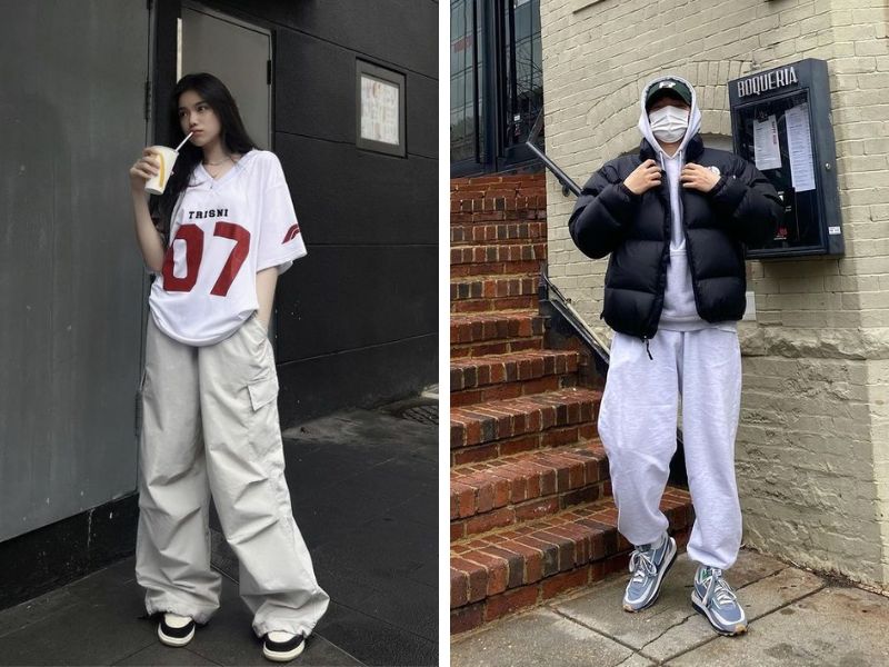 giày sneaker với quần jogger và áo thun oversize