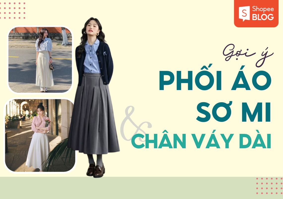 phối áo sơ mi với chân váy dài
