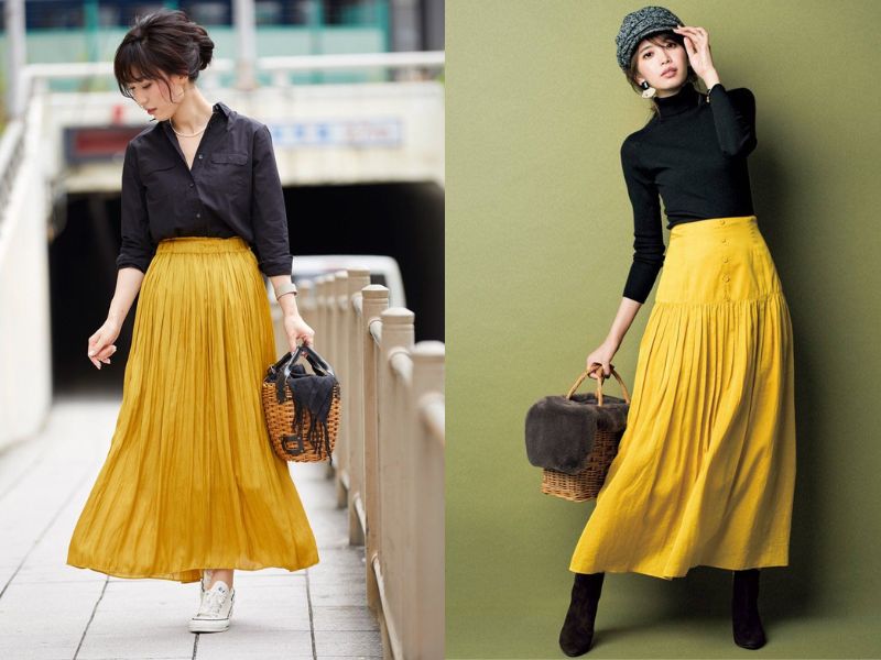 Outfit sang chảnh với chân váy vàng và áo đen