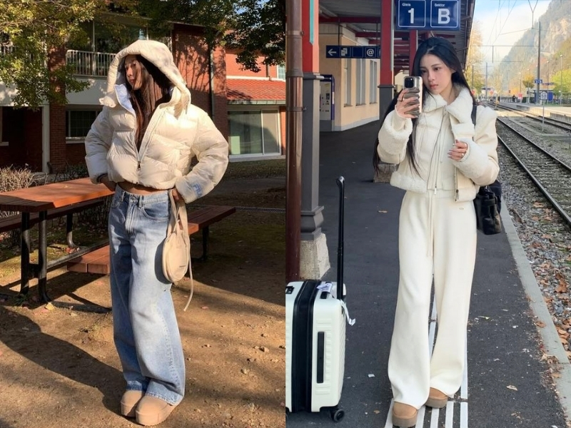 Áo phao đen dáng ngắn phối áo len cổ lọ và quần ống suông