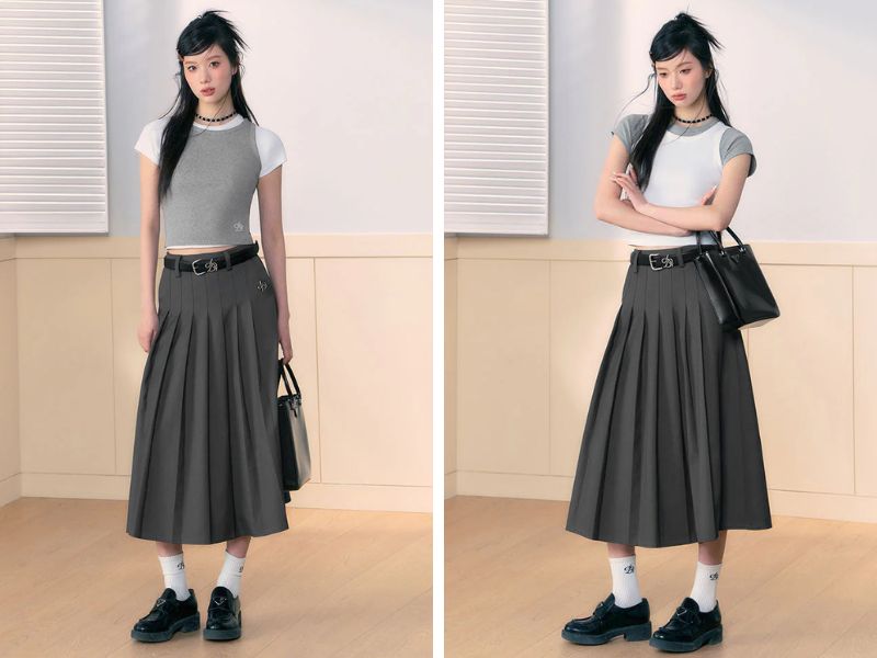Cách phối đồ với chân váy suông dài xếp ly