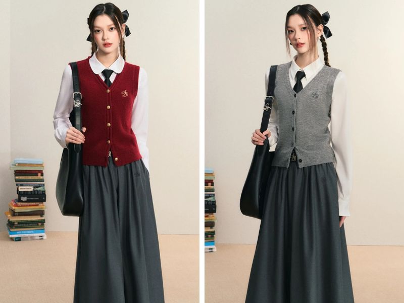 Cách mix chân váy suông dài với áo gile
