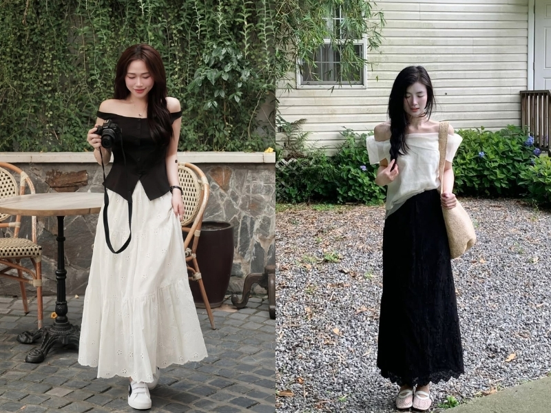 Chân váy dài phối áo trễ vai cá tính