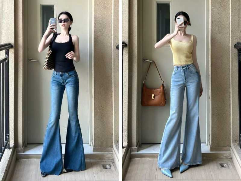 Quần jean loe nữ kết hợp cùng áo ba lỗ