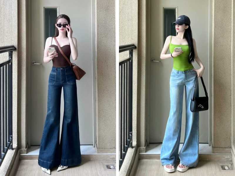 Quần bò ống loe nữ mix với áo hai dây