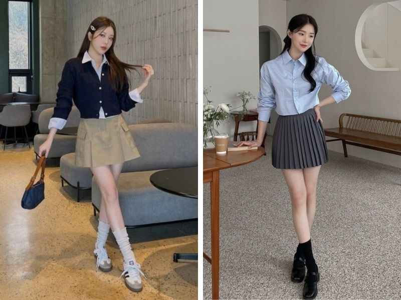 áo xanh pastel sơ mi với chân váy xòe chữ a ngắn