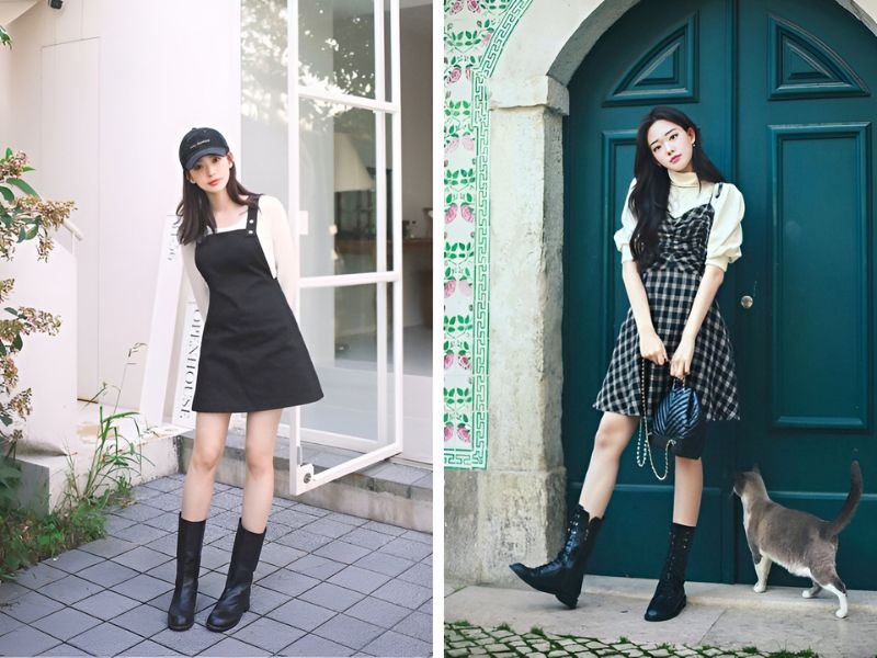 Phối boot cổ lửng và váy yếm
