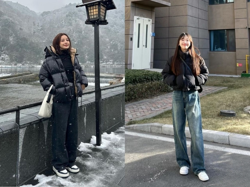 Áo phao đen dáng ngắn phối áo len cổ lọ và quần ống suông