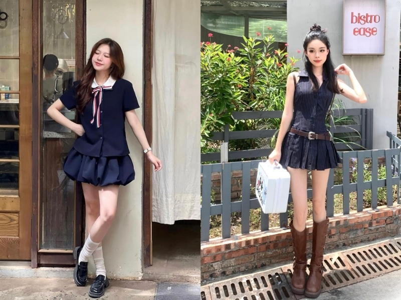 Váy chữ A cạp cao dáng ngắn trên gối để che bụng