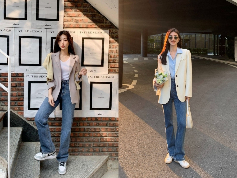 Quần jean ống suông nữ kết hợp áo blazer