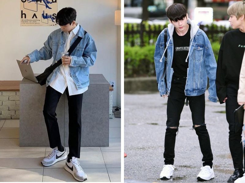 áo khoác denim với skinny jeans và túi đeo chéo