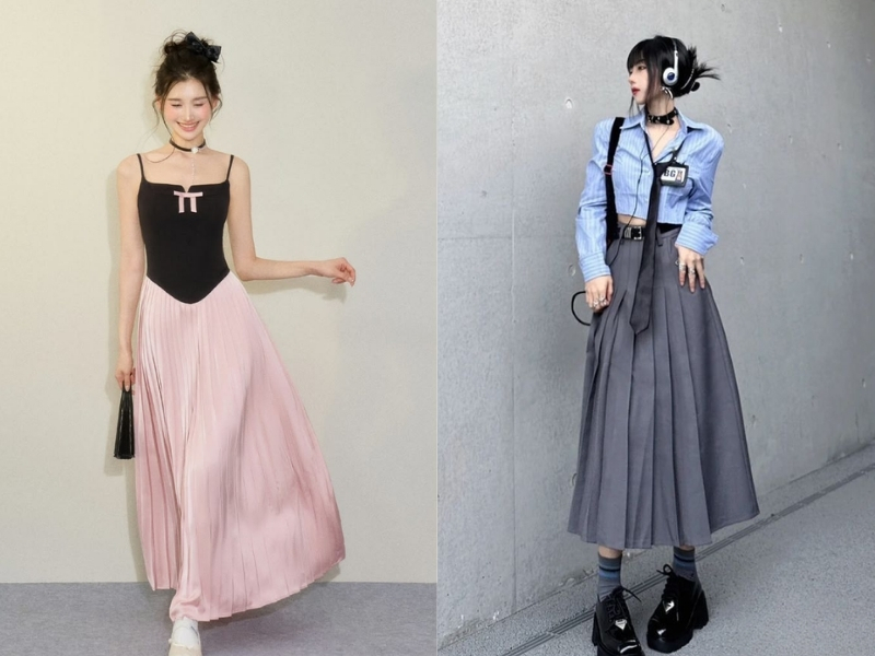 Phối váy xếp ly với áo croptop cực kỳ tôn dáng