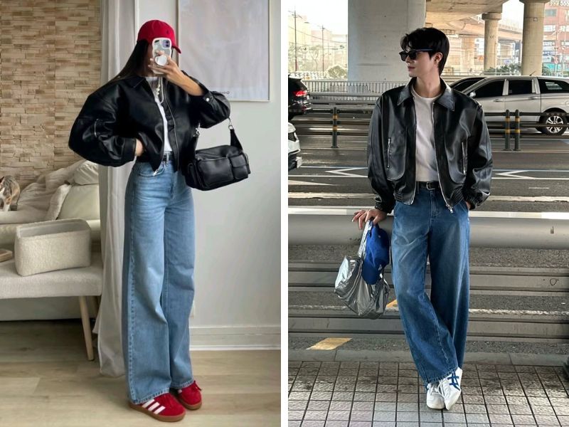 quần jean ống rộng với áo khoác da và áo thun ôm